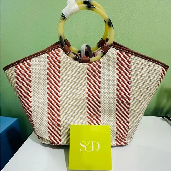 ⭐️Stella & Dot⭐️ Striped Burnt Coral/Tan and Brown Trim Women's Bag - Picture 1 of 4